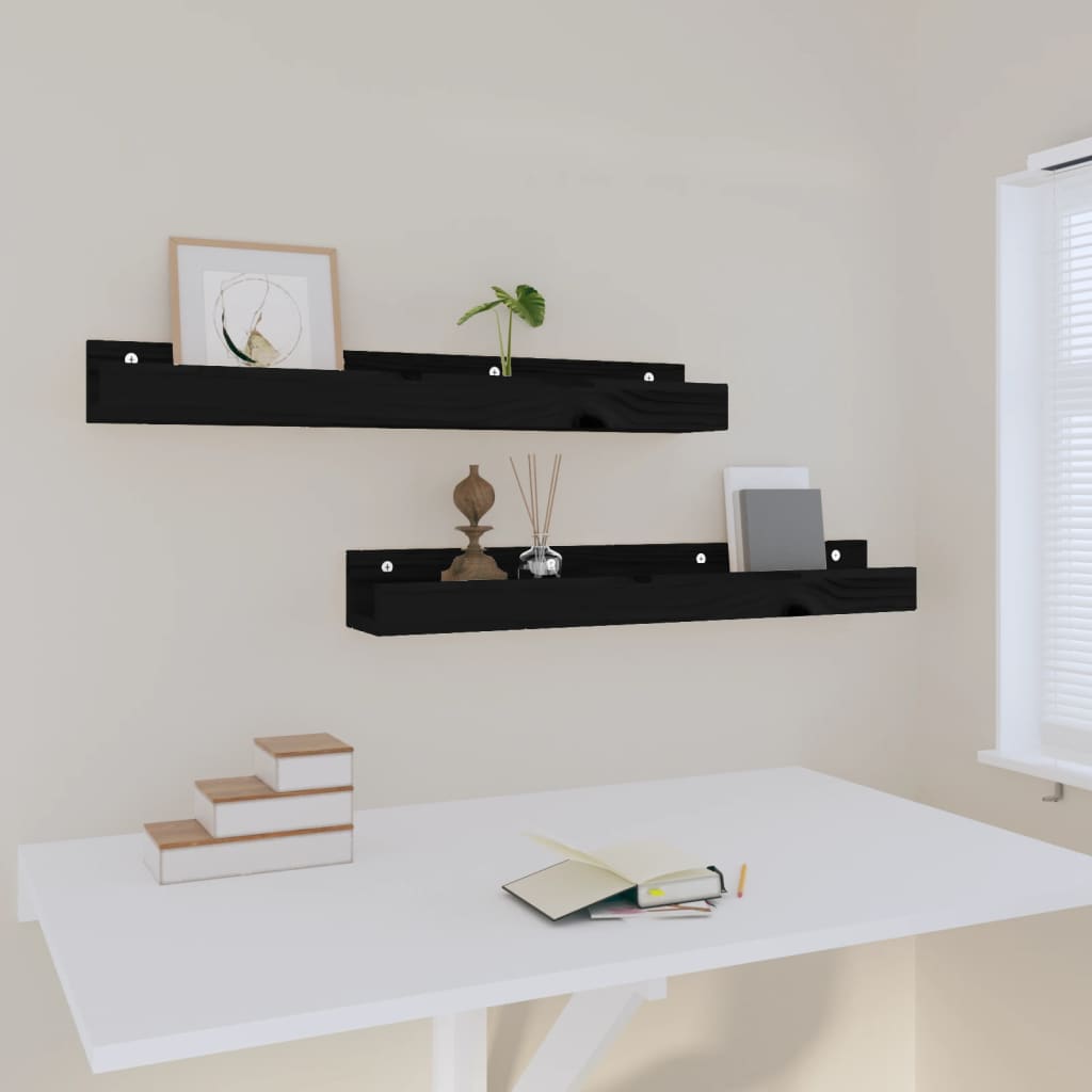 Seinähyllyt 2 kpl musta 80x12x9 cm täysi mänty - Sisustajankoti.fi