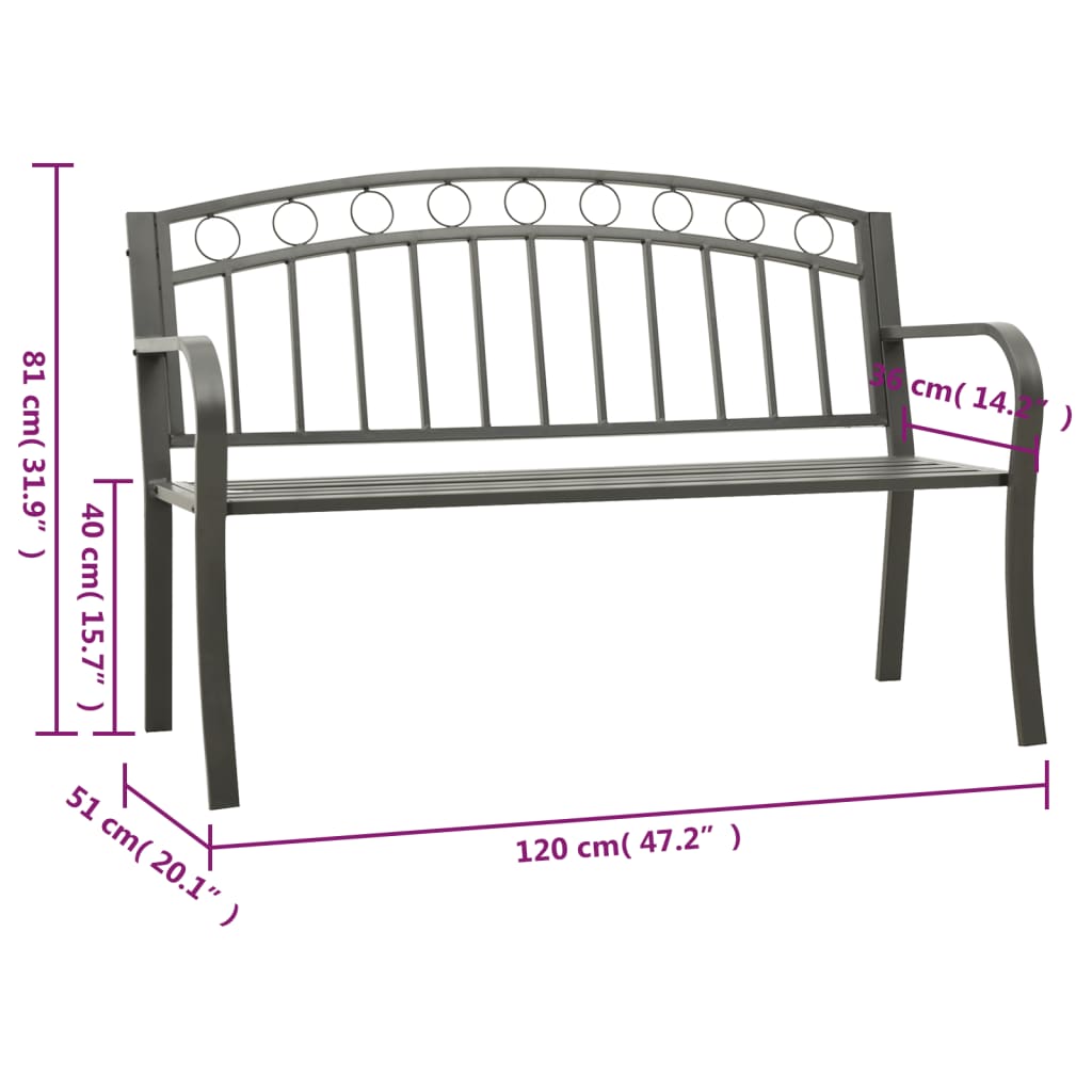 Puutarhapenkki harmaa 120 cm teräs - Sisustajankoti.fi