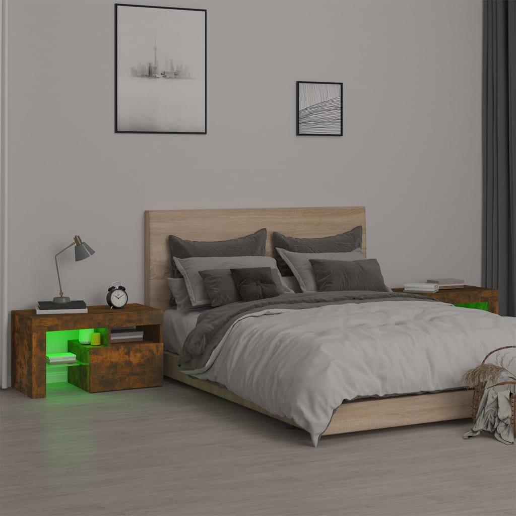 Yöpöydät 2 kpl LED-valoilla savutammi 70x36,5x40 cm - Sisustajankoti.fi