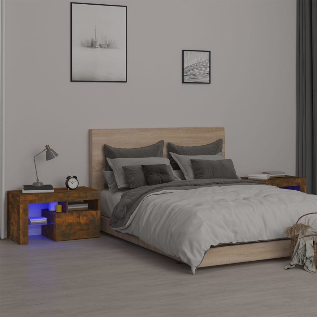 Yöpöydät 2 kpl LED-valoilla savutammi 70x36,5x40 cm - Sisustajankoti.fi