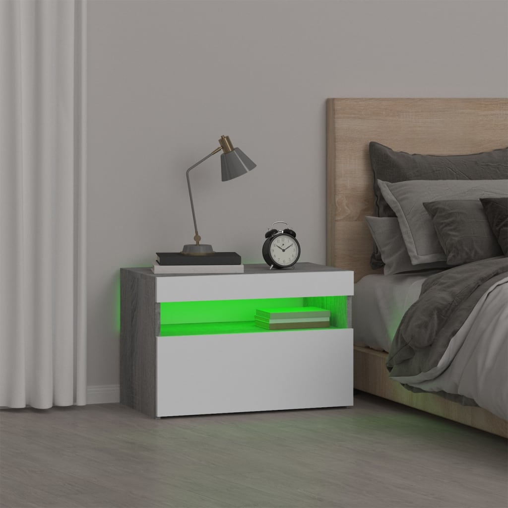 Yöpöytä LED-valoilla harmaa Sonoma 60x35x40 cm - Sisustajankoti.fi