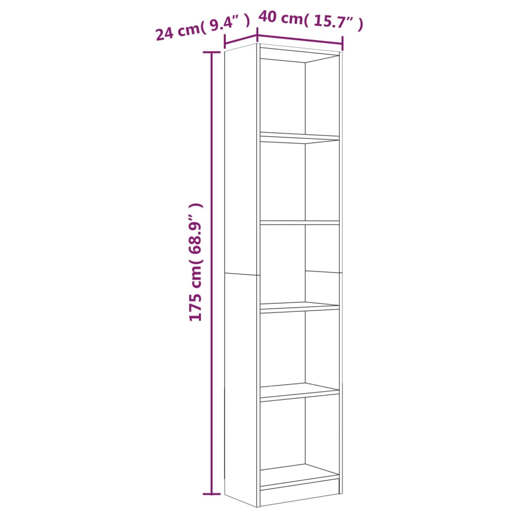 5-kerroksinen Kirjahylly savutammi 40x24x175 cm tekninen puu - Sisustajankoti.fi