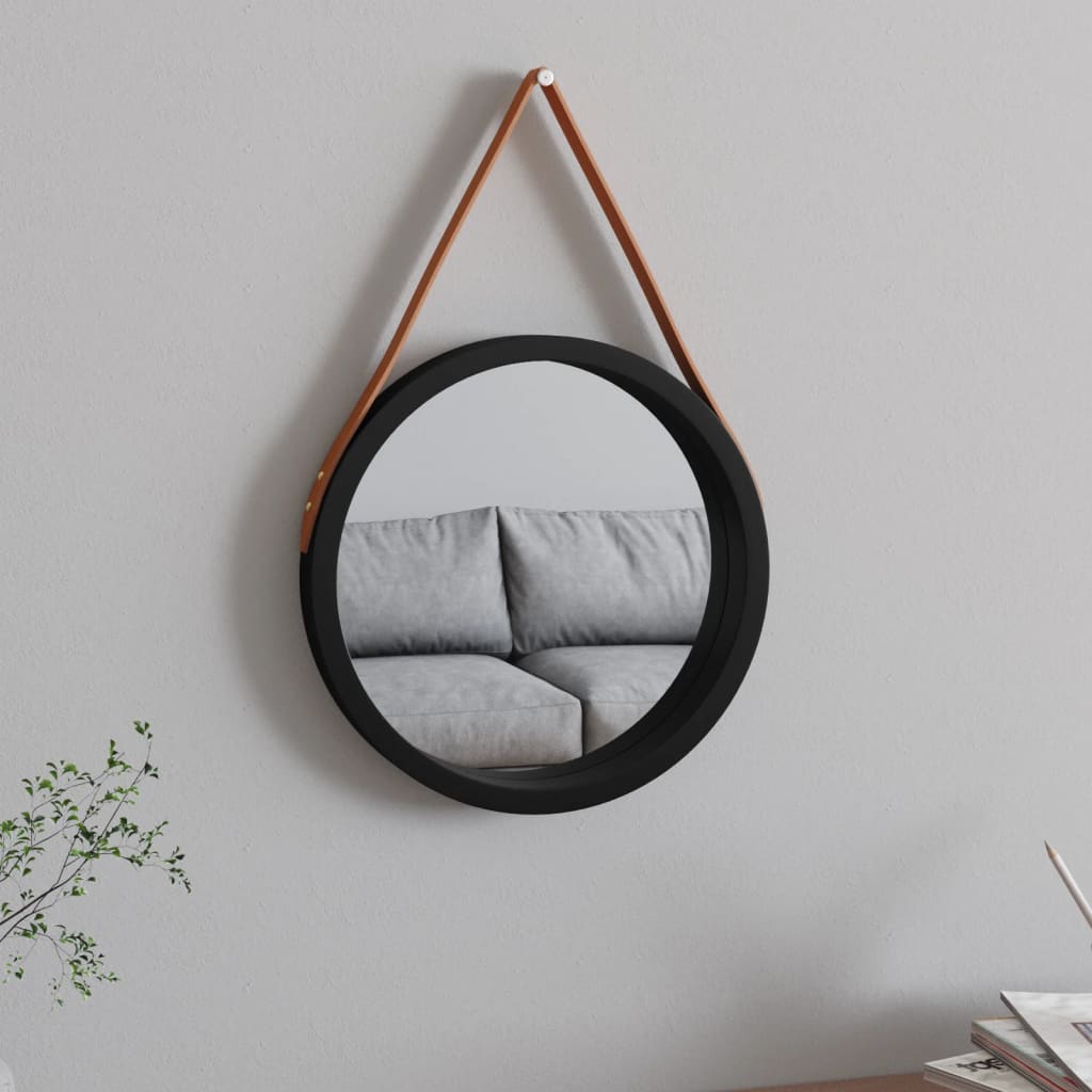Seinäpeili hihnalla musta Ø 35 cm - Sisustajankoti.fi