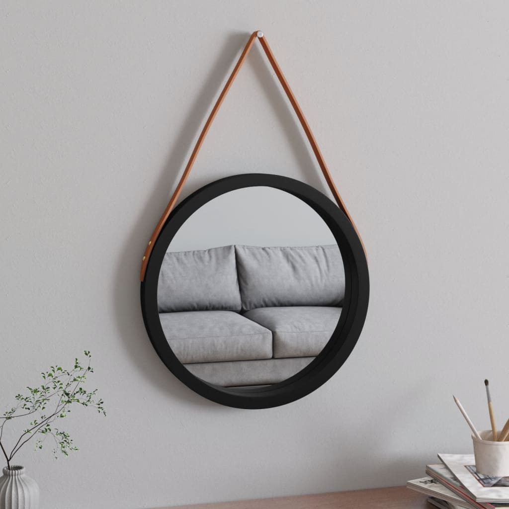 Seinäpeili hihnalla musta Ø 45 cm - Sisustajankoti.fi