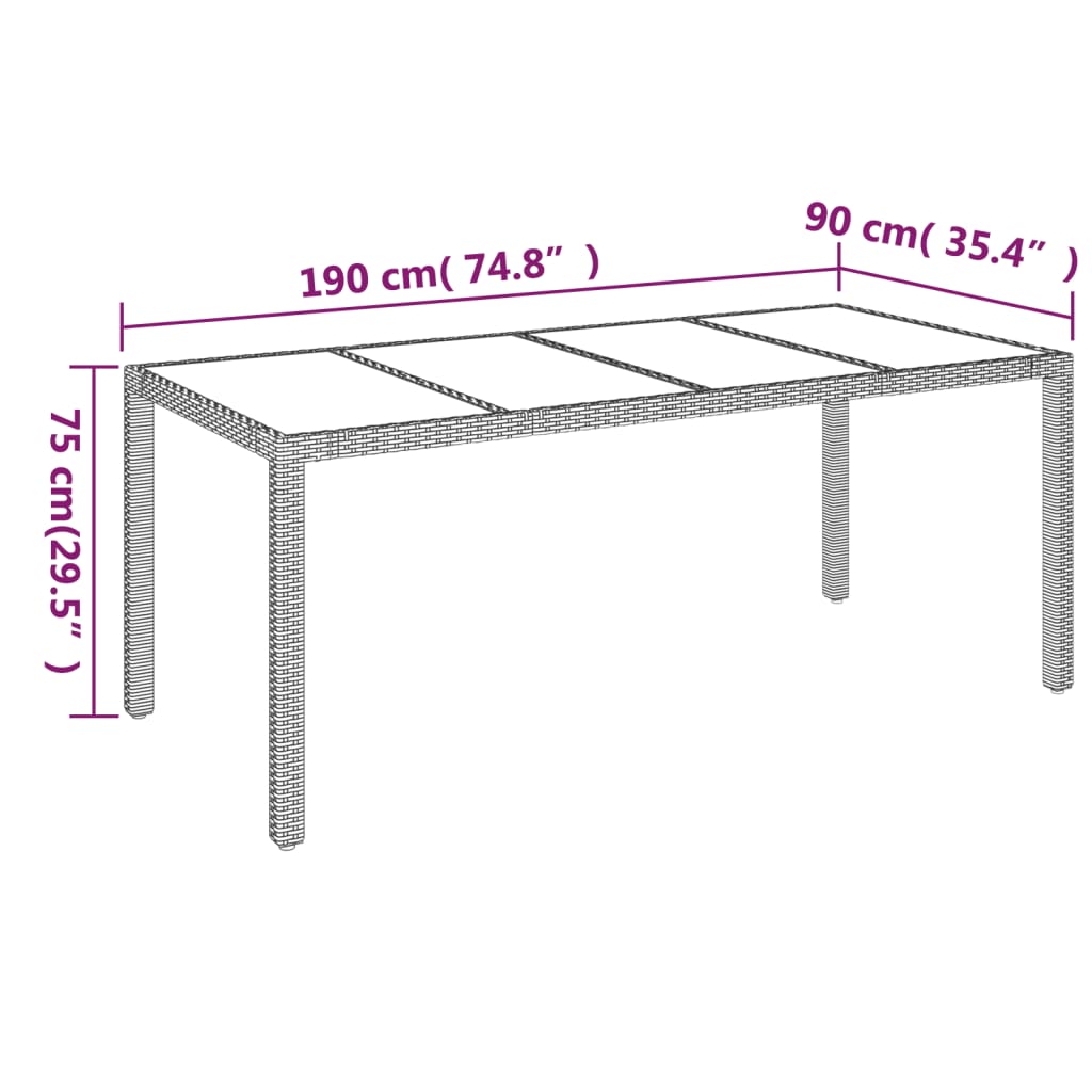 Puutarhapöytä lasipöytälevy harmaa 190x90x75 cm polyrottinki - Sisustajankoti.fi