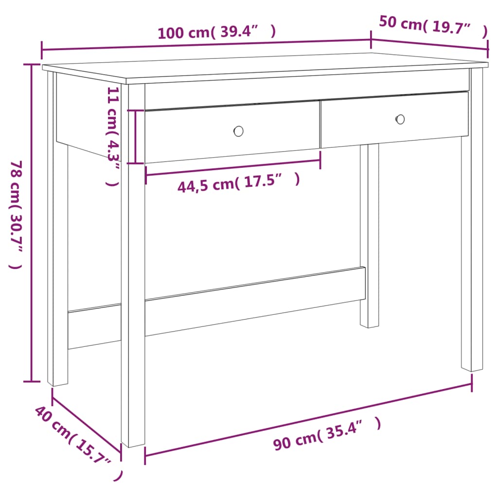Työpöytä laatikoilla hunajanruskea 100x50x78 cm täysi mänty - Sisustajankoti.fi