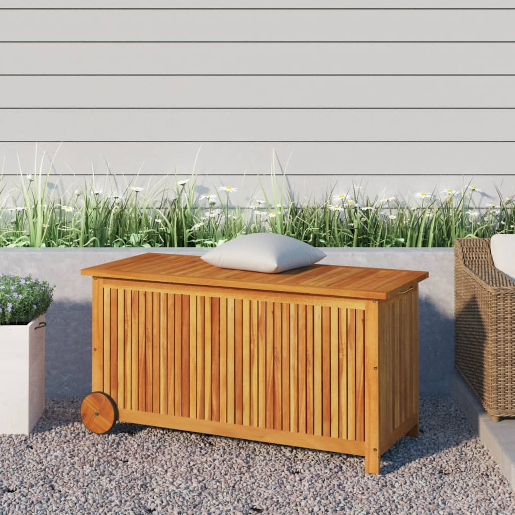 Ulkosäilytyslaatikko pyörillä 113x50x58 cm täysi akasiapuu - Sisustajankoti.fi