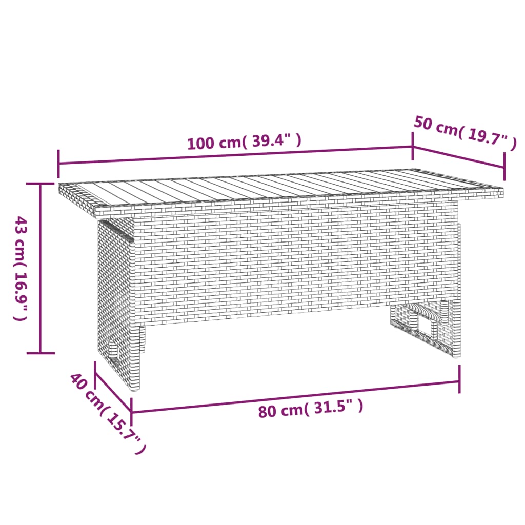 Puutarhapöytä harmaa 100x50x43/63 cm akasiapuu ja polyrottinki - Sisustajankoti.fi