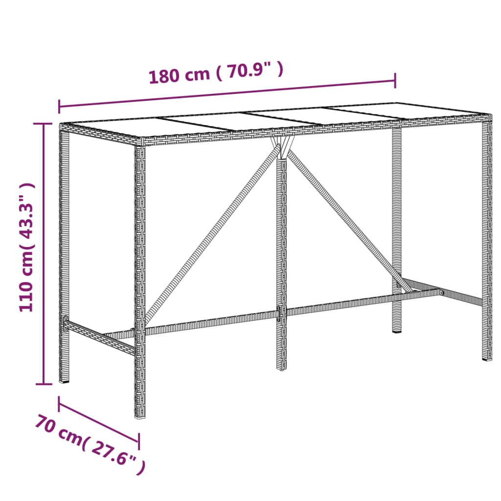 Baaripöytä lasipöytälevyllä musta 180x70x110 cm polyrottinki - Sisustajankoti.fi