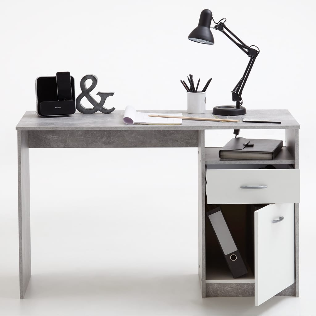 Työpöytä vetolaatikolla 123x50x76,5 cm betoni ja valkoinen - Sisustajankoti.fi