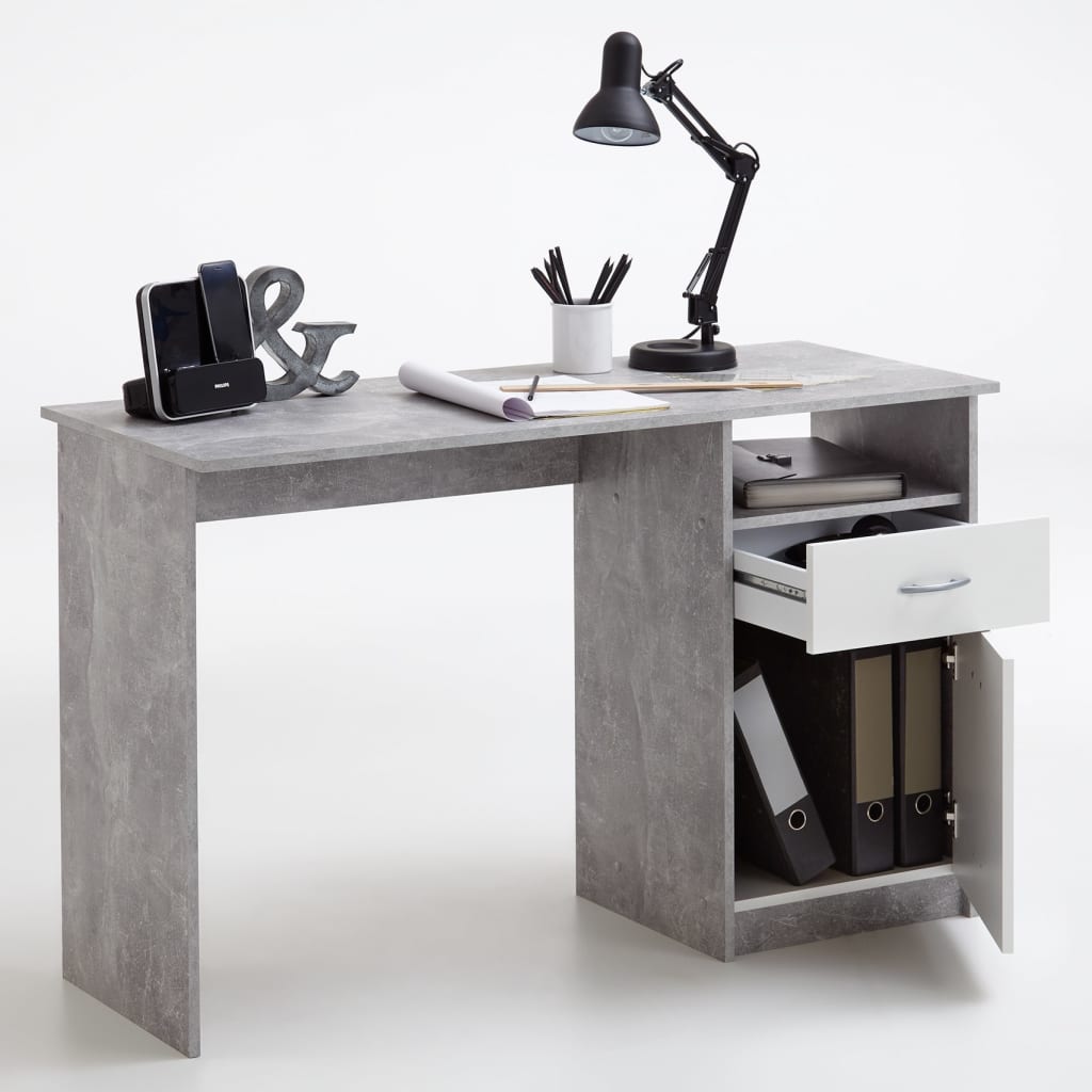 Työpöytä vetolaatikolla 123x50x76,5 cm betoni ja valkoinen - Sisustajankoti.fi