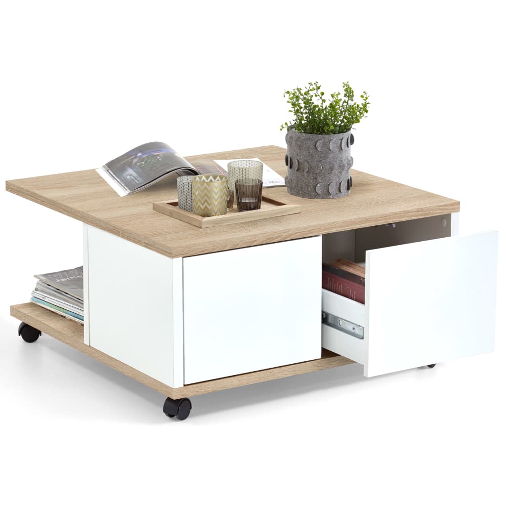 FMD Liikkuva sohvapöytä 70x70x36 cm tammi ja kirkas valkoinen - Sisustajankoti.fi