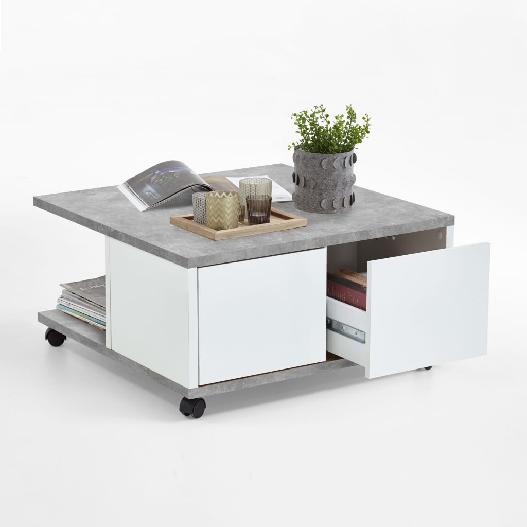 FMD Liikkuva sohvapöytä 70x70x35,5 cm betoni ja kiiltävä valkoinen - Sisustajankoti.fi