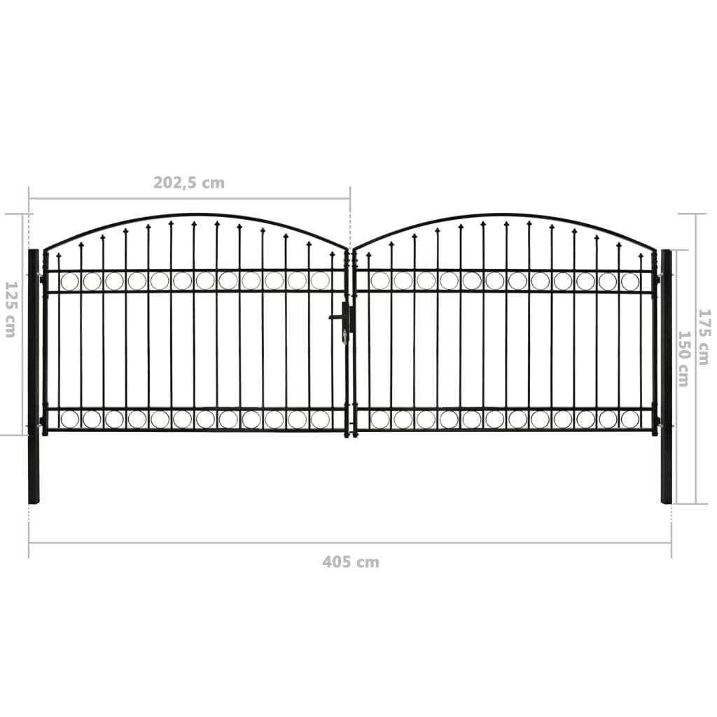 Puutarhaportti tuplaovi kaareva yläosa teräs 400x125 cm musta - Sisustajankoti.fi