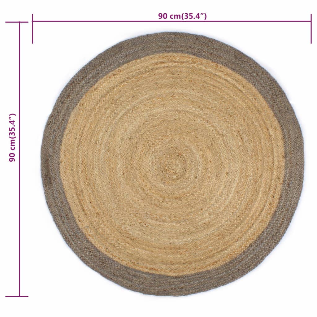 Käsintehty pyöreä juuttimatto harmaalla reunalla 90 cm - Sisustajankoti.fi