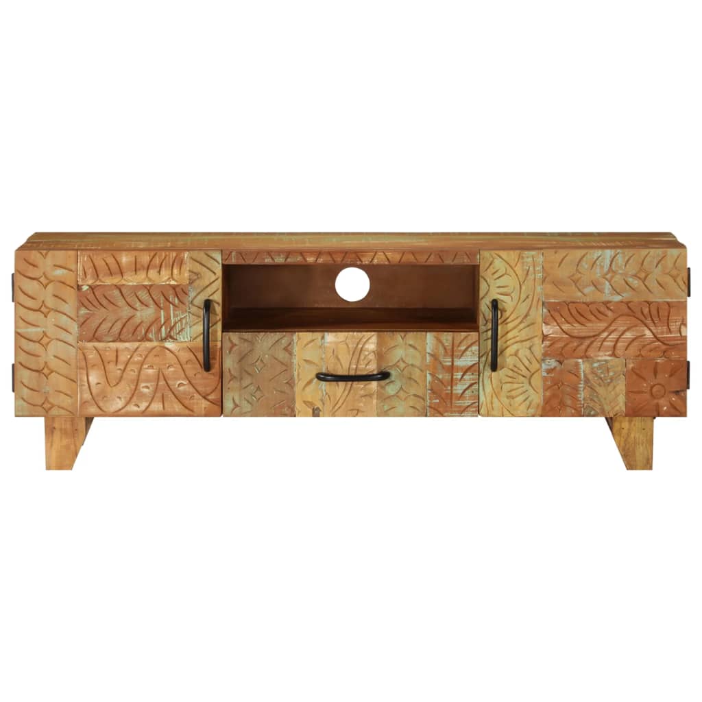 Käsin veistetty TV-taso 120x30x40 cm kierrätetty puu - Sisustajankoti.fi