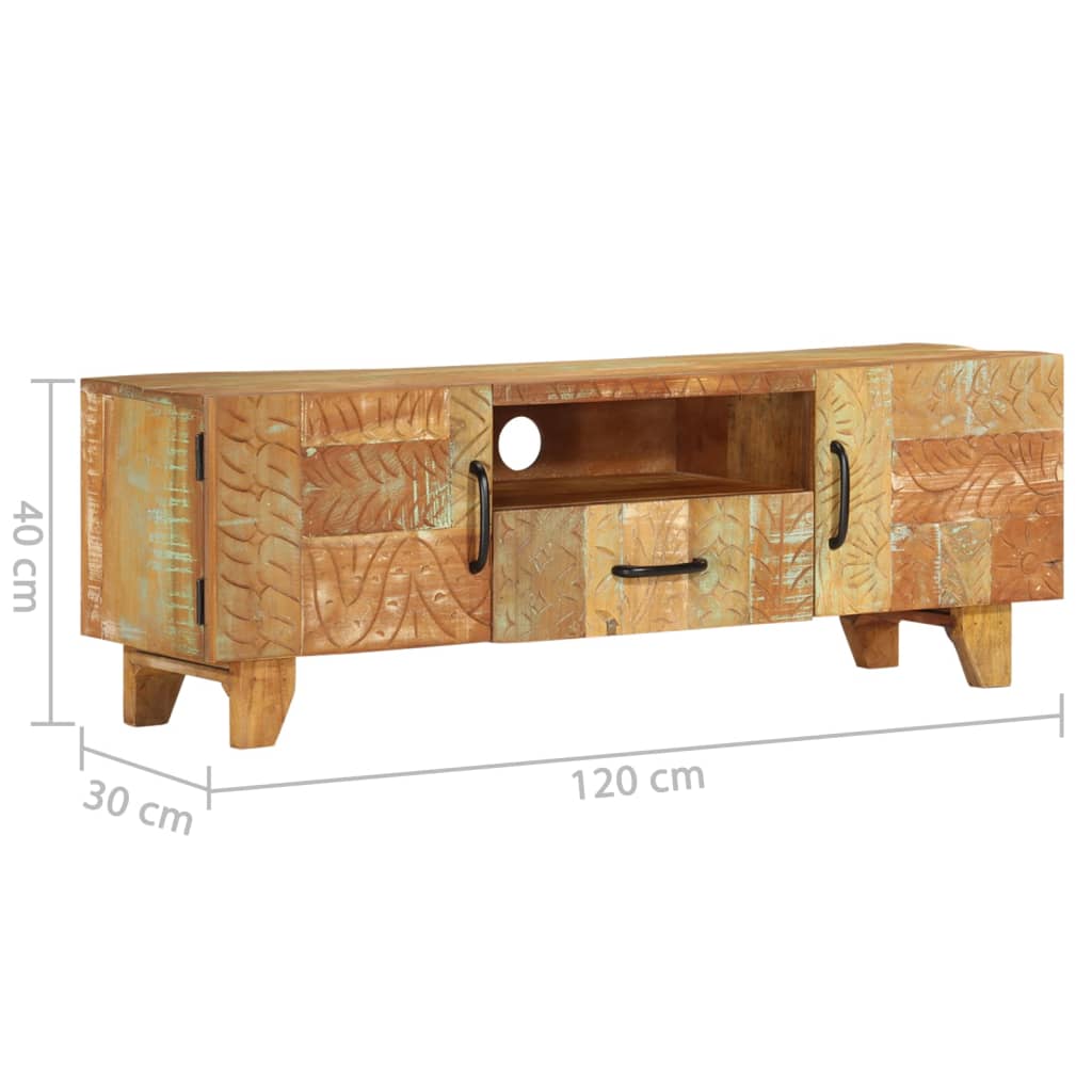 Käsin veistetty TV-taso 120x30x40 cm kierrätetty puu - Sisustajankoti.fi