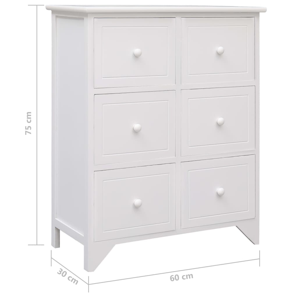 Sivukaappi kuudella laatikolla valkoinen 60x30x75 cm keisaripuu - Sisustajankoti.fi