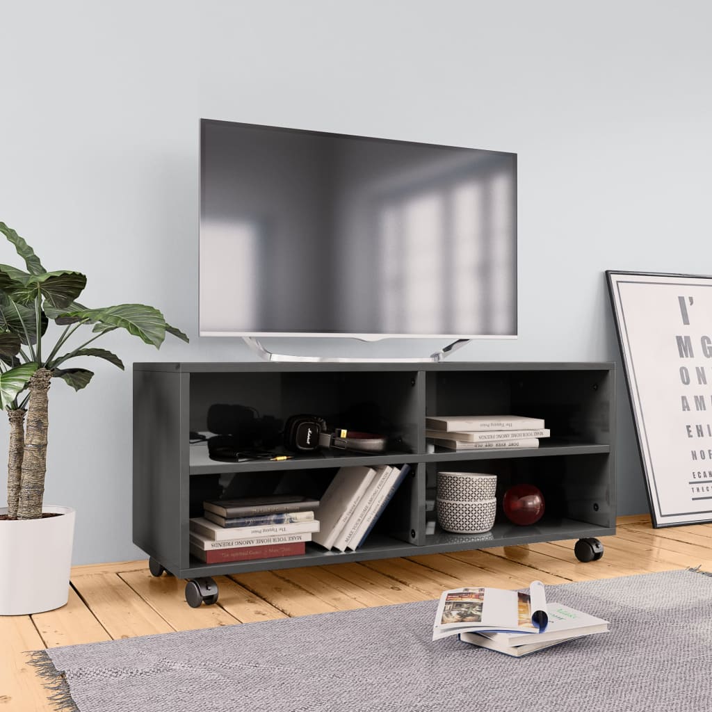 TV-taso rullapyörillä korkeakiilto harmaa 90x35x35 cm - Sisustajankoti.fi