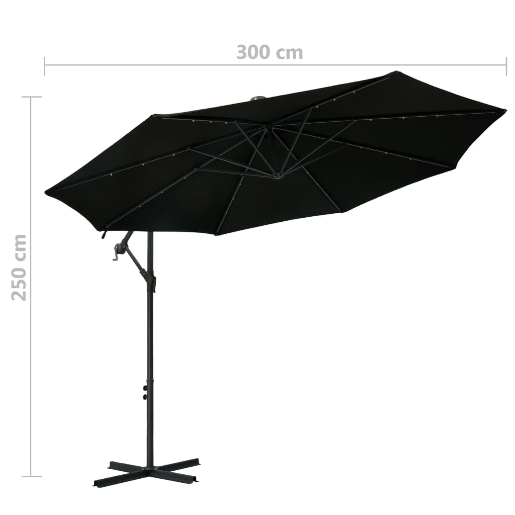 Aurinkovarjo LED-valoilla ja teräspylväällä 300 cm musta - Sisustajankoti.fi