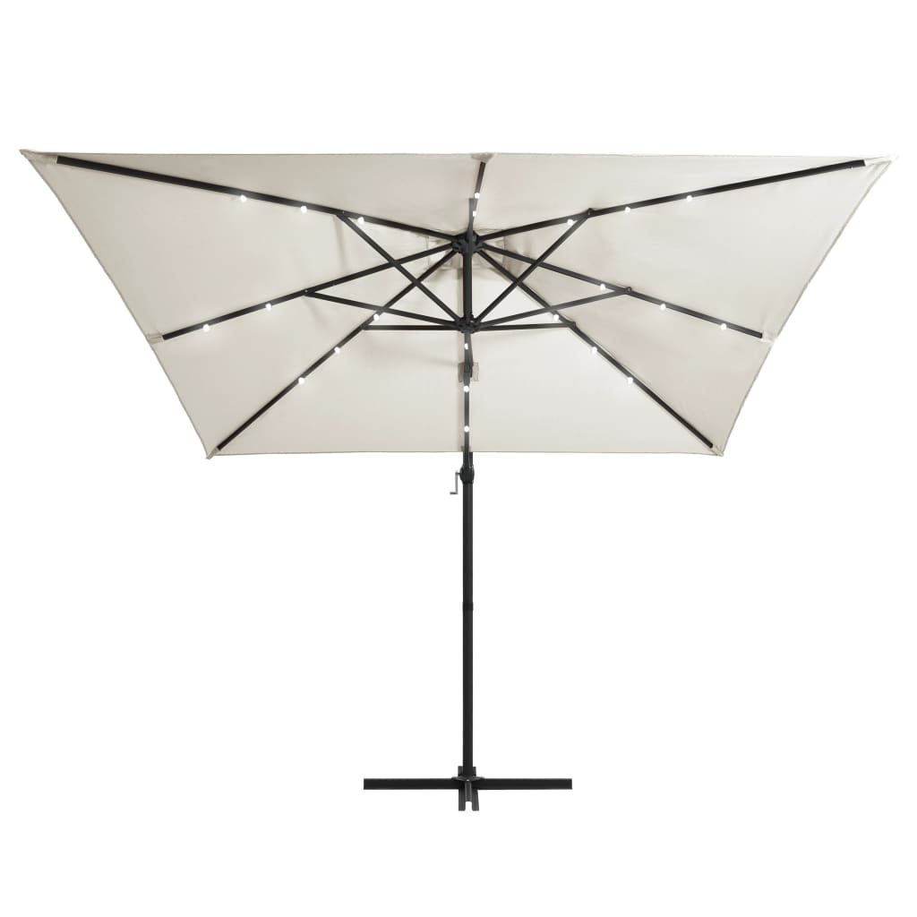 Aurinkovarjo LED-valoilla ja teräspylväällä 250x250 cm hiekka - Sisustajankoti.fi