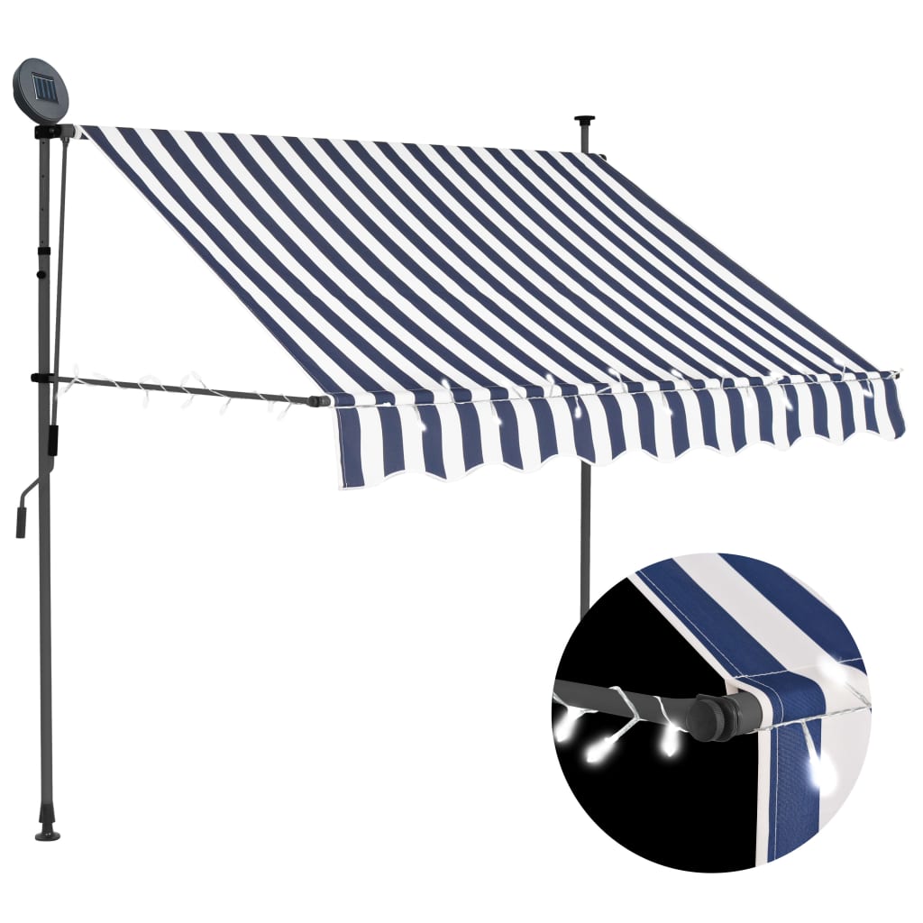 Sisäänkelattava markiisi LEDillä 150 cm sininen ja valkoinen - Sisustajankoti.fi