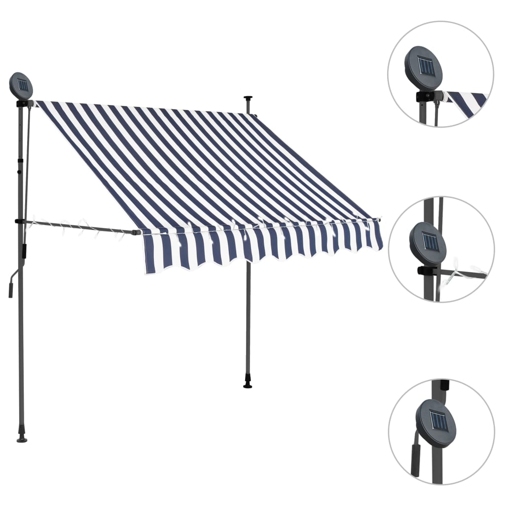 Sisäänkelattava markiisi LEDillä 150 cm sininen ja valkoinen - Sisustajankoti.fi