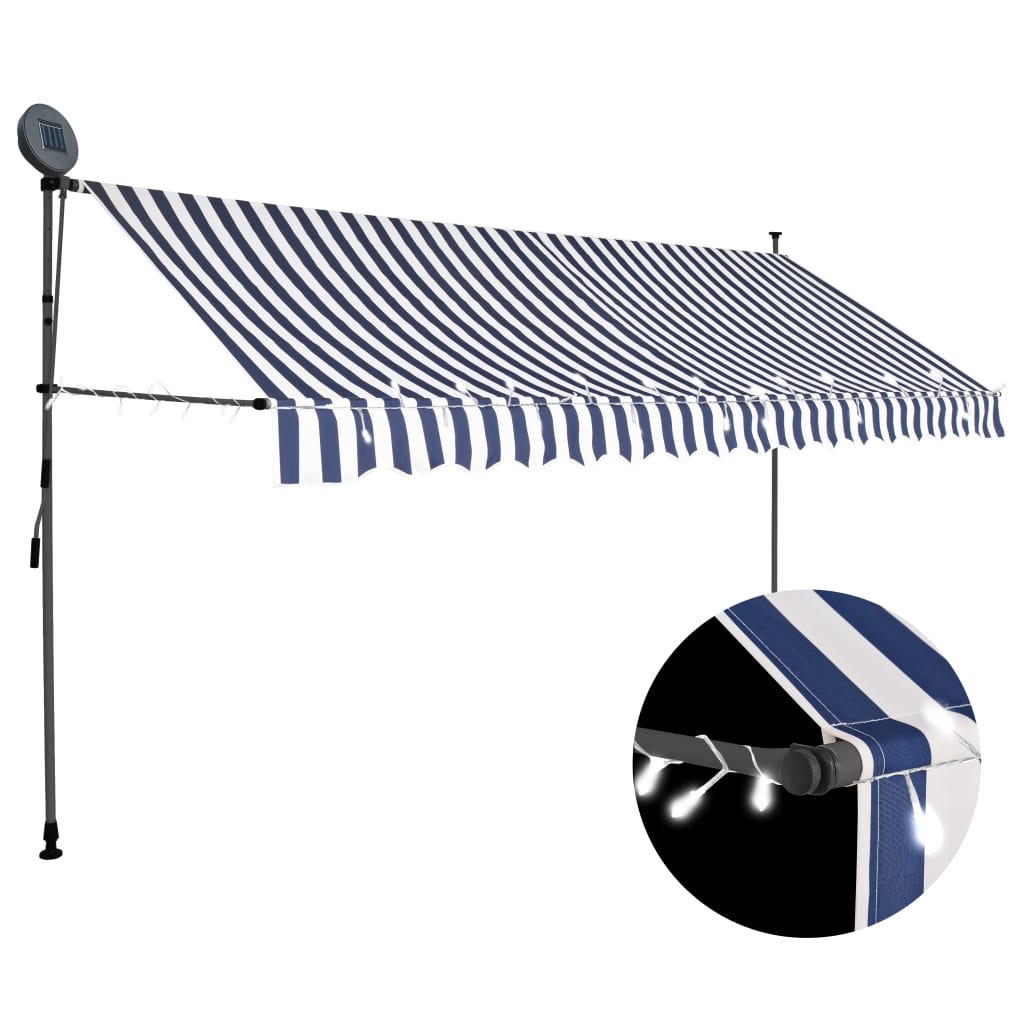 Sisäänkelattava markiisi LEDillä 350 cm sinivalkoiset raidat - Sisustajankoti.fi