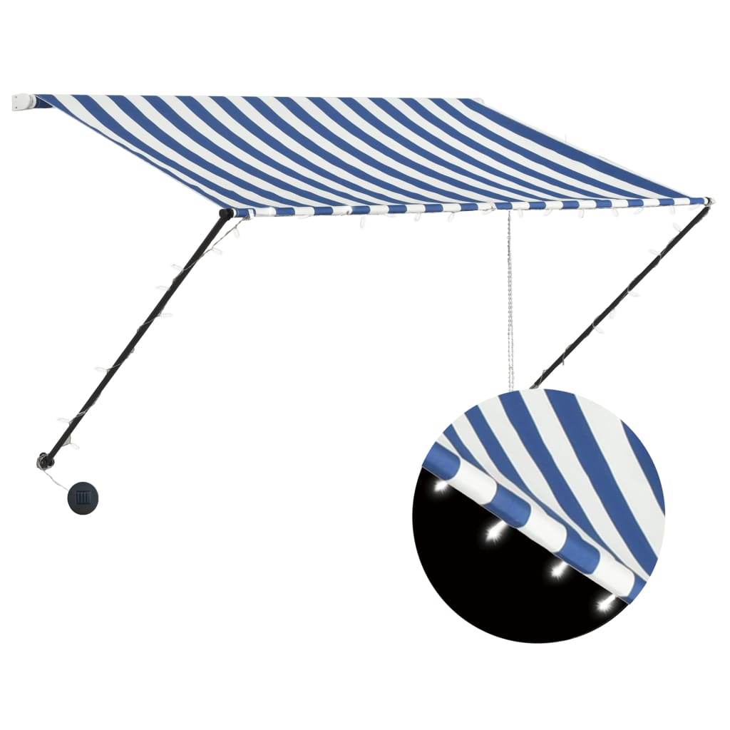 Sisäänkelattava markiisi LEDillä 250x150cm sininen ja valkoinen - Sisustajankoti.fi