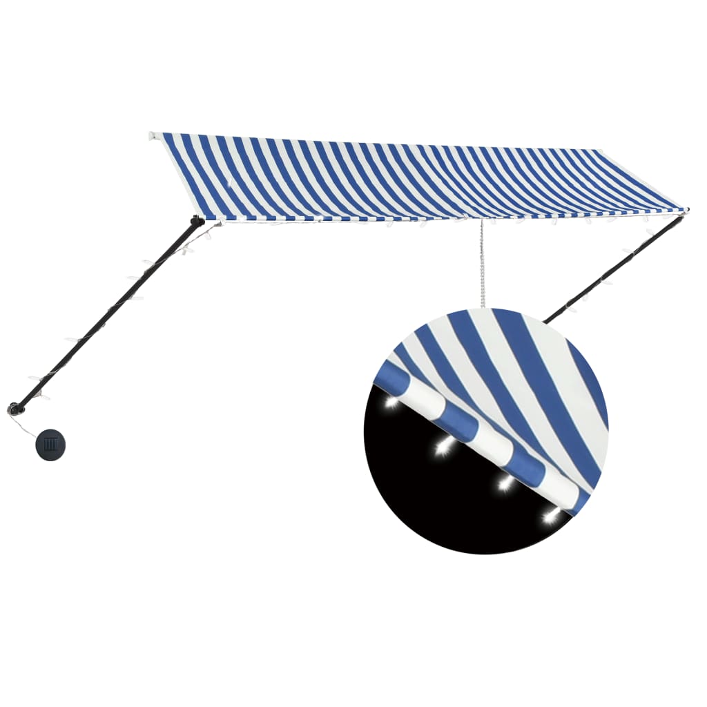 Sisäänkelattava markiisi LEDillä 350x150cm sininen ja valkoinen - Sisustajankoti.fi