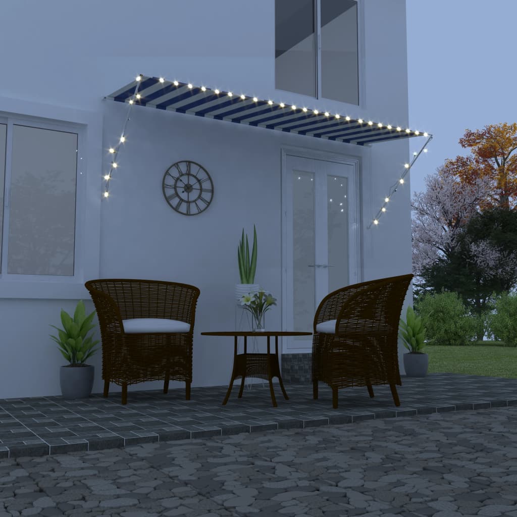 Sisäänkelattava markiisi LEDillä 350x150cm sininen ja valkoinen - Sisustajankoti.fi