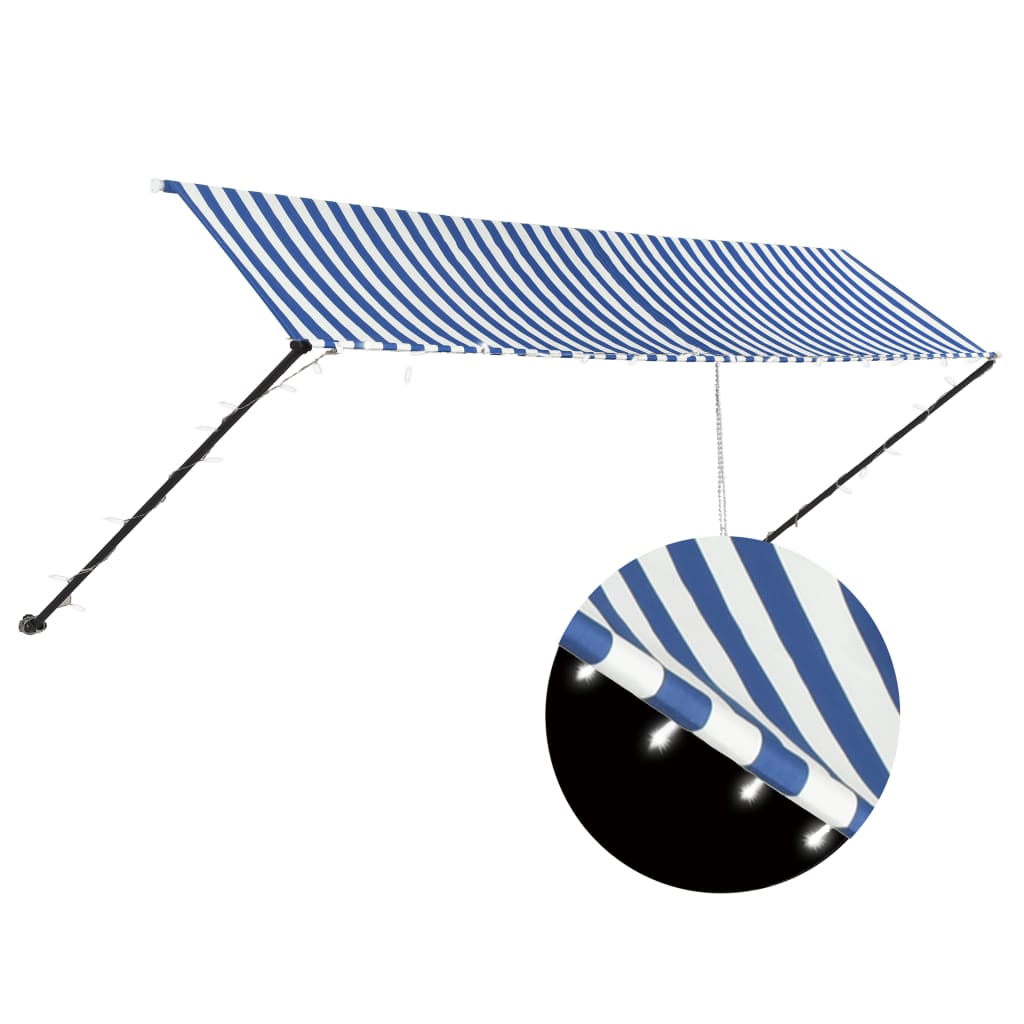 Sisäänkelattava markiisi LEDillä 400x150cm sininen ja valkoinen - Sisustajankoti.fi