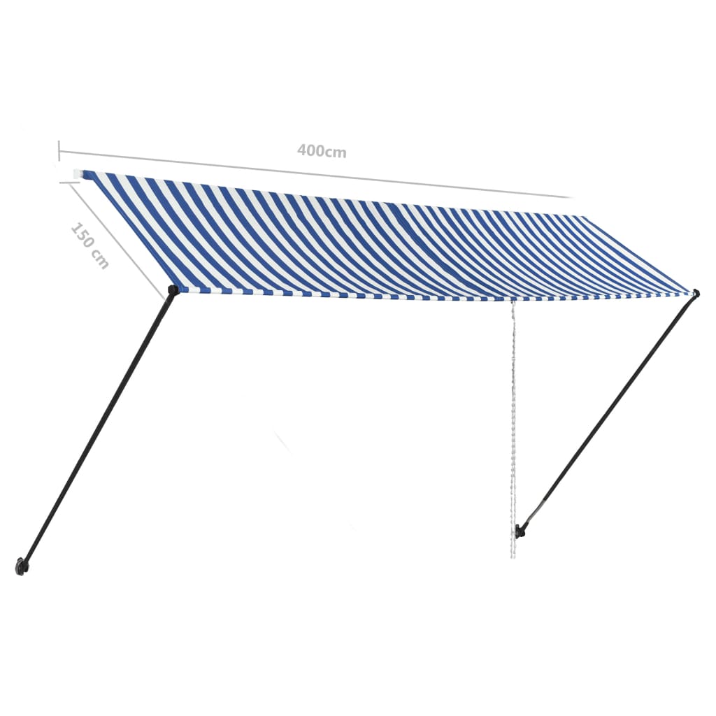 Sisäänkelattava markiisi LEDillä 400x150cm sininen ja valkoinen - Sisustajankoti.fi