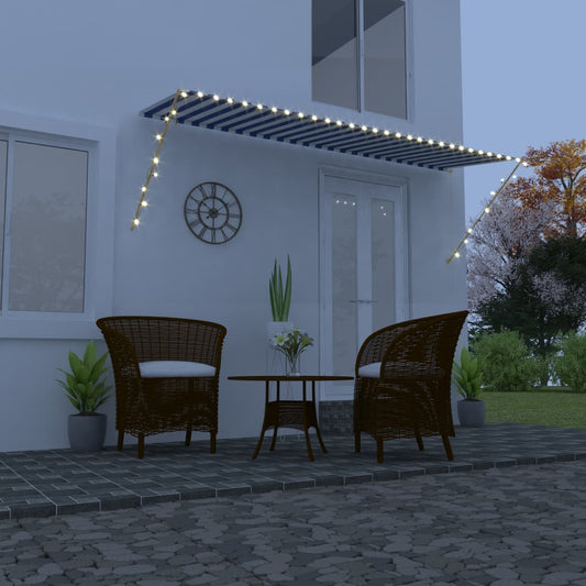 Sisäänkelattava markiisi LEDillä 400x150cm sininen ja valkoinen - Sisustajankoti.fi