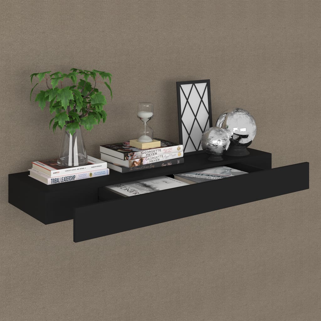 Kelluva seinähylly vetolaatikolla musta 80x25x8 cm - Sisustajankoti.fi