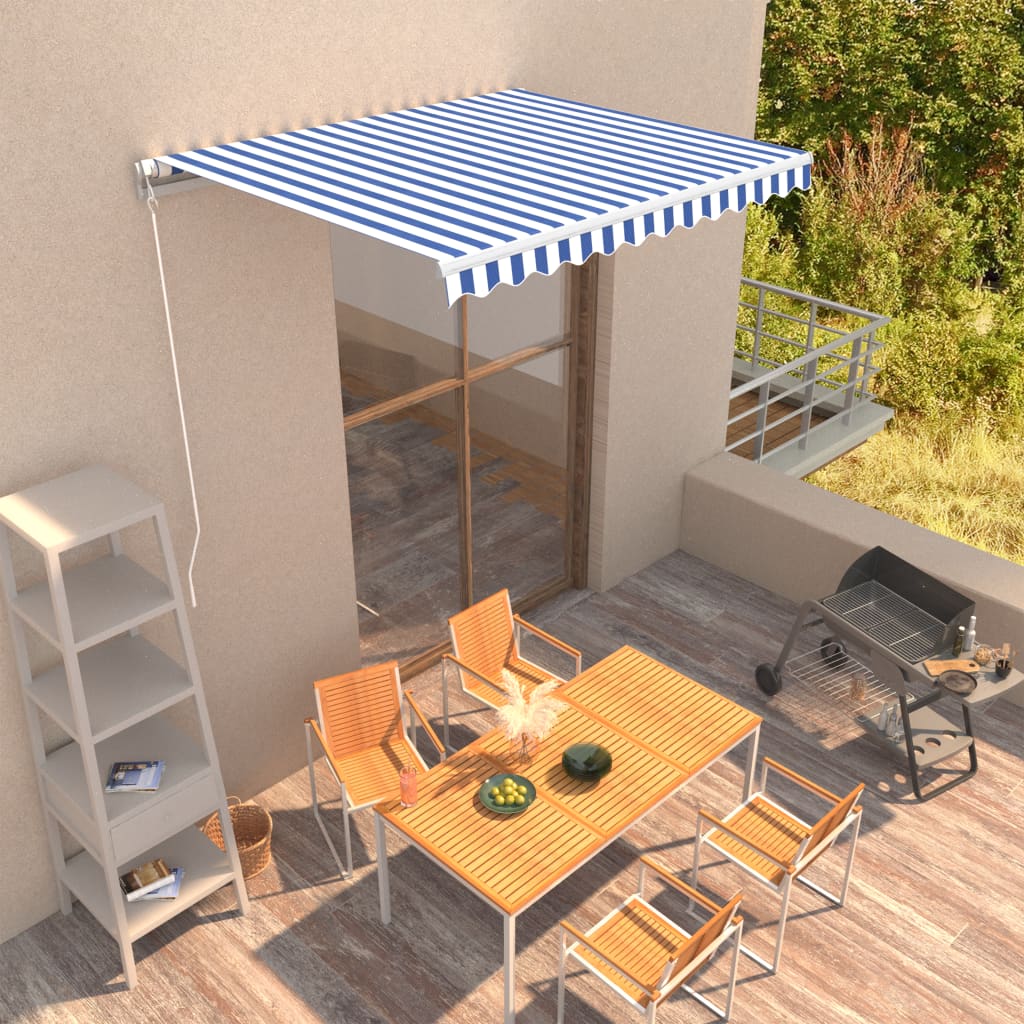 Manuaalisesti sisäänkelattava markiisi 300x250 cm sinivalkoinen - Sisustajankoti.fi