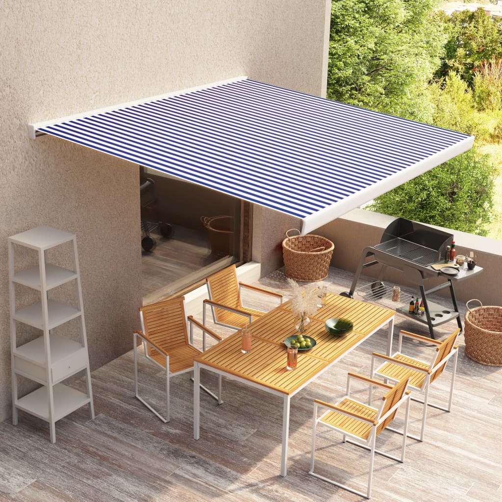 Moottoroitu kasettimarkiisi 350x250 cm sininen ja valkoinen - Sisustajankoti.fi