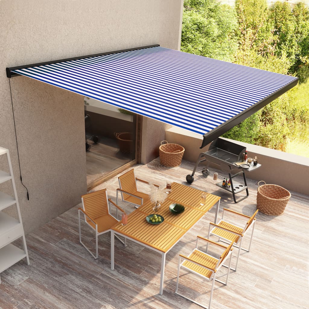 Manuaalinen kasettimarkiisi 400x300 cm sininen ja valkoinen - Sisustajankoti.fi