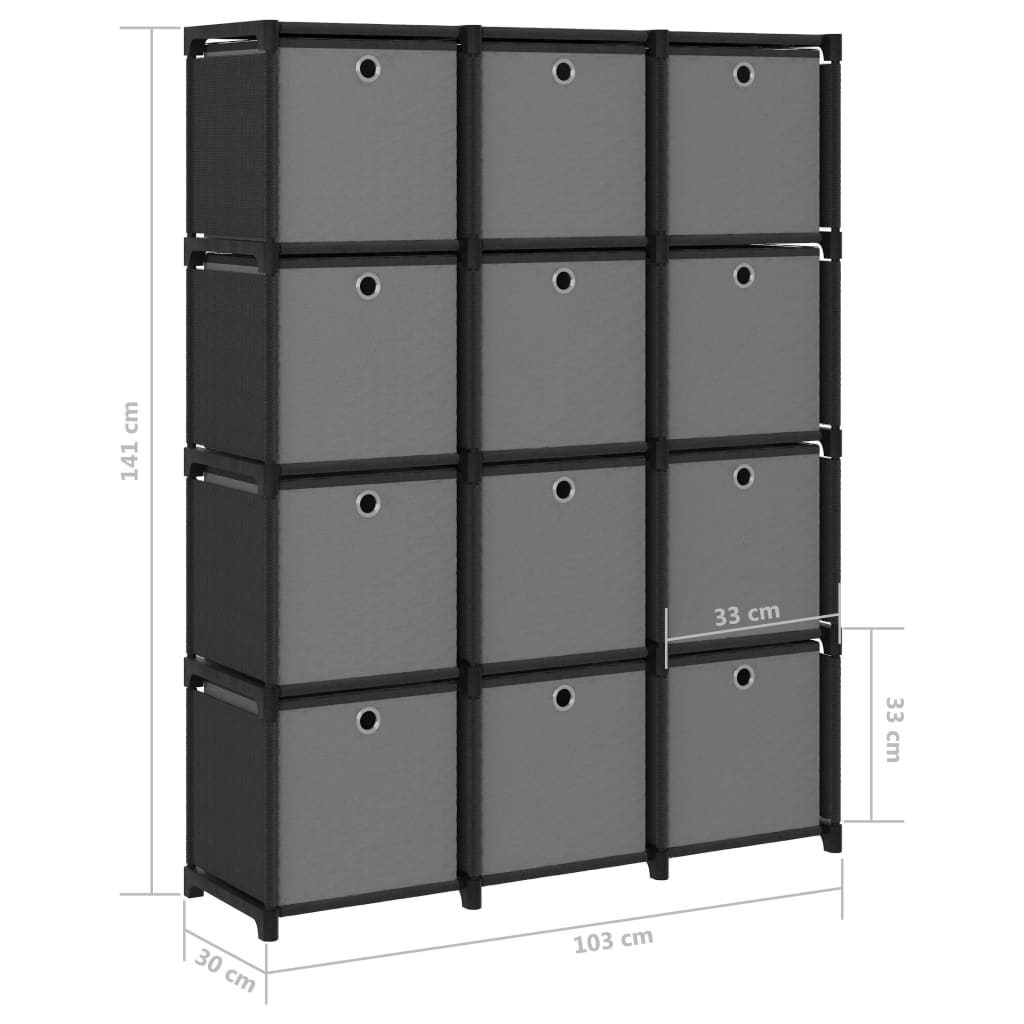 12 kuution esittelyhylly + laatikot musta 103x30x141 cm kangas - Sisustajankoti.fi
