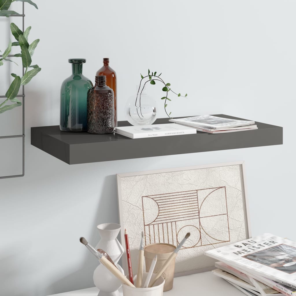 Kelluva seinähylly korkeakiilto harmaa 50x23x3,8 cm MDF - Sisustajankoti.fi