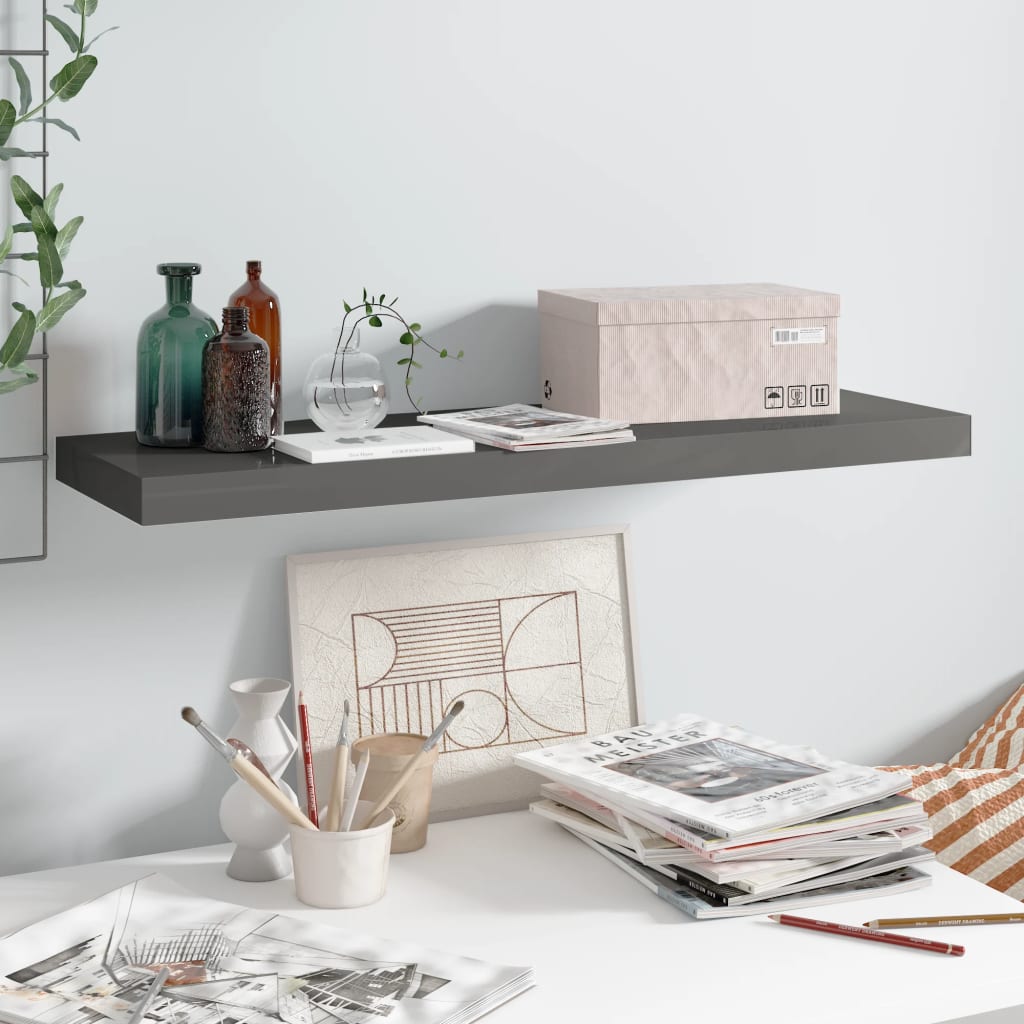 Kelluva seinähylly korkeakiilto harmaa 80x23,5x3,8 cm MDF - Sisustajankoti.fi