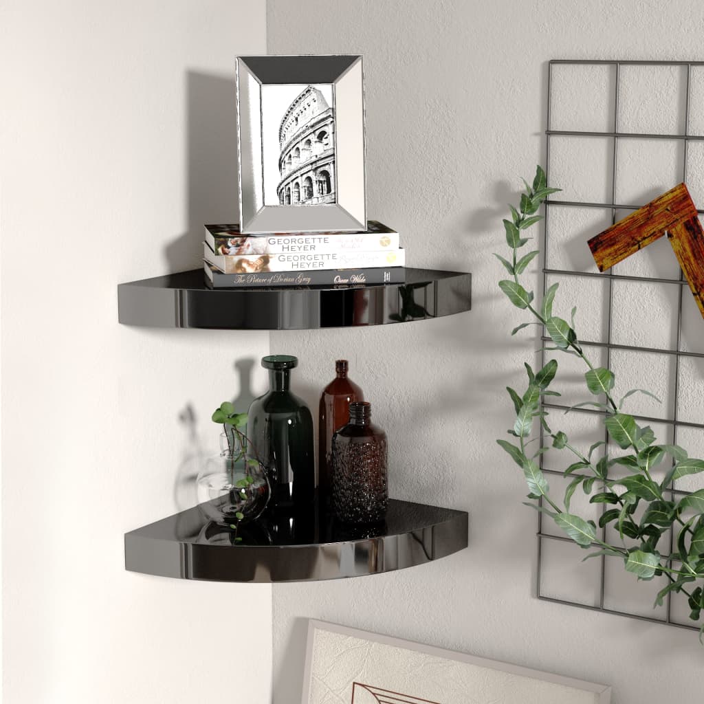 Kelluvat kulmahyllyt 2 kpl korkeakiilto musta 25x25x3,8 cm MDF - Sisustajankoti.fi