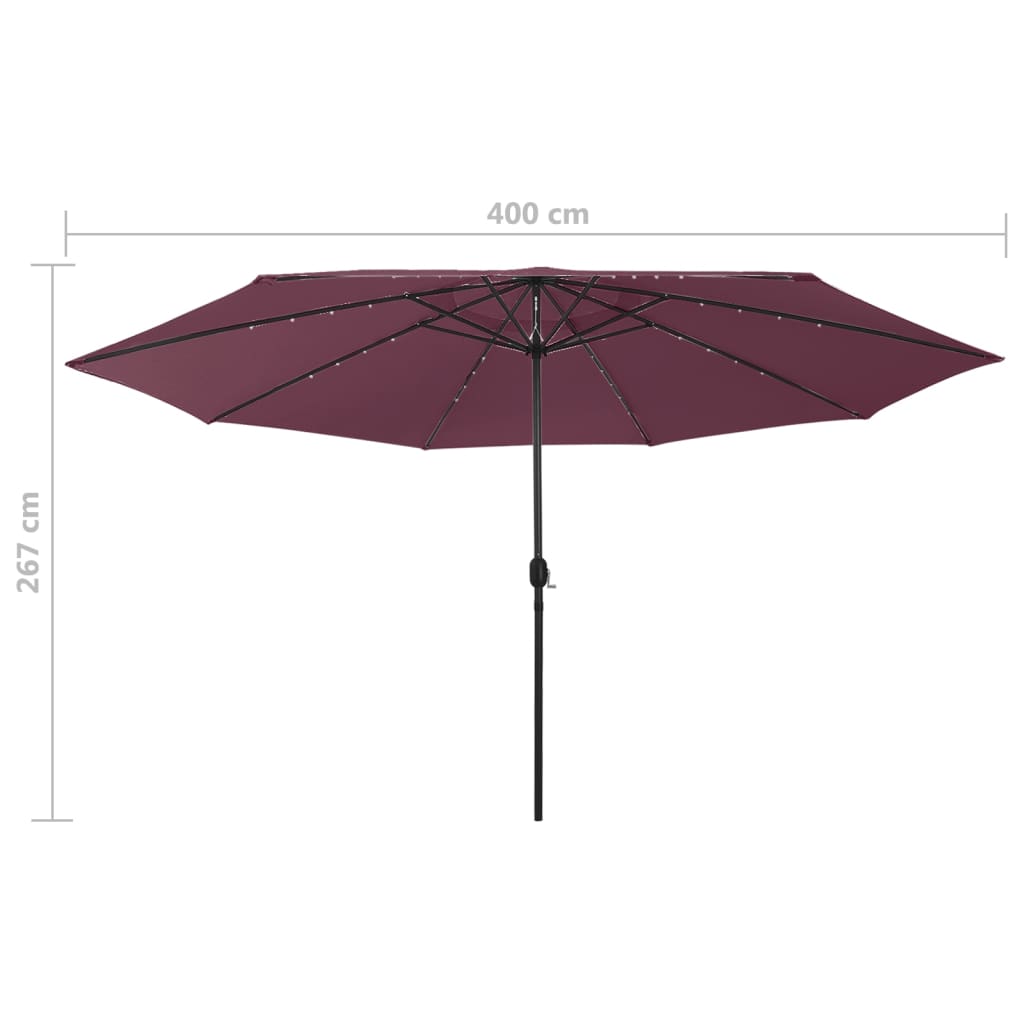 Aurinkovarjo LED-valot ja metallitanko 400 cm viininpunainen - Sisustajankoti.fi