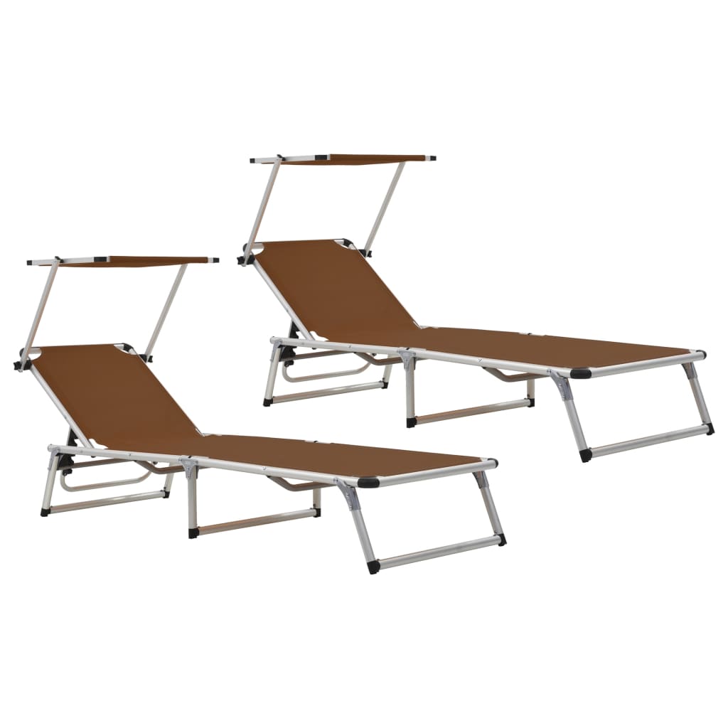 312461 Folding Sun Loungers with Roof 2 pcs Aluminium&Textilene Brown - Sisustajankoti.fi