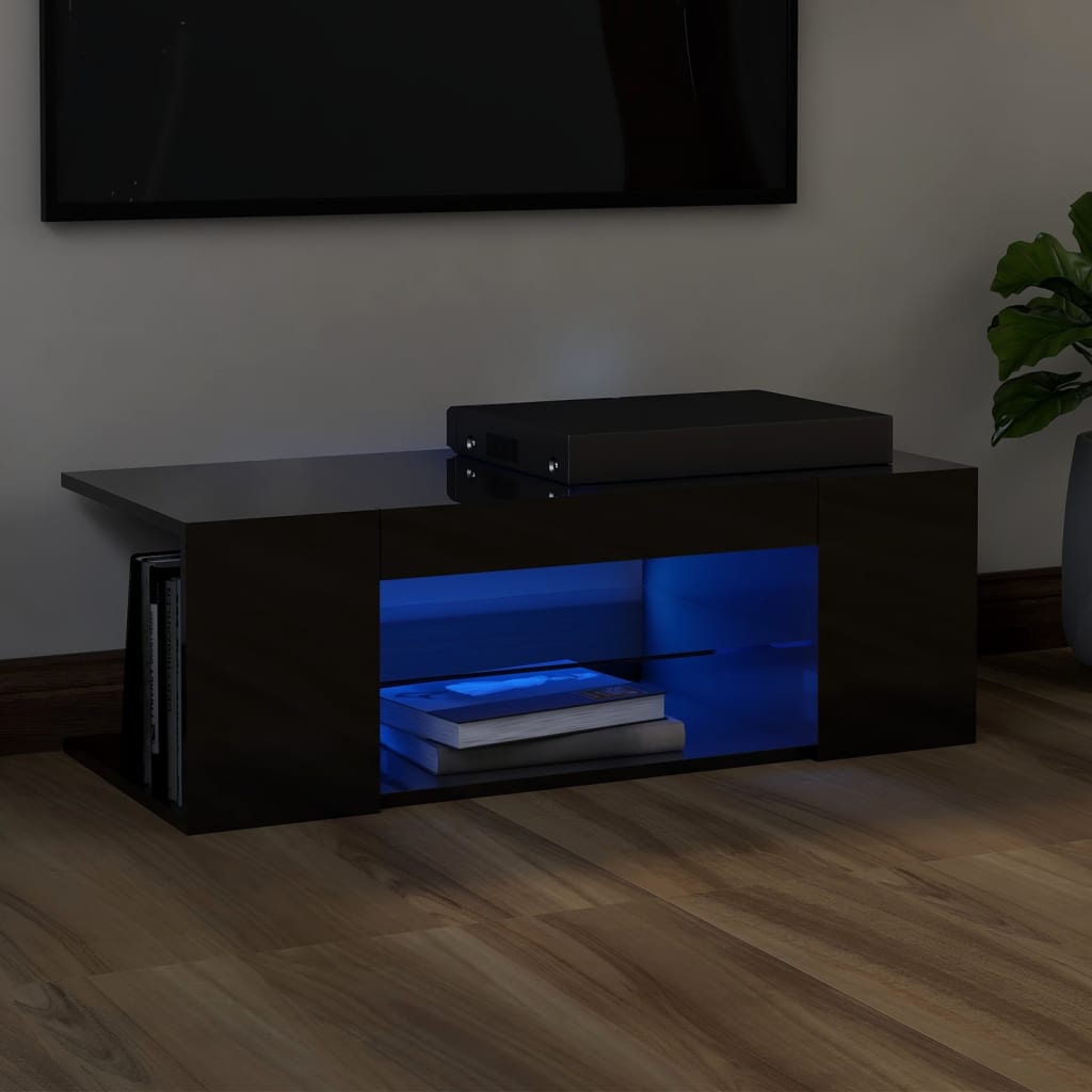 TV-taso LED-valoilla korkeakiilto musta 90x39x30 cm - Sisustajankoti.fi