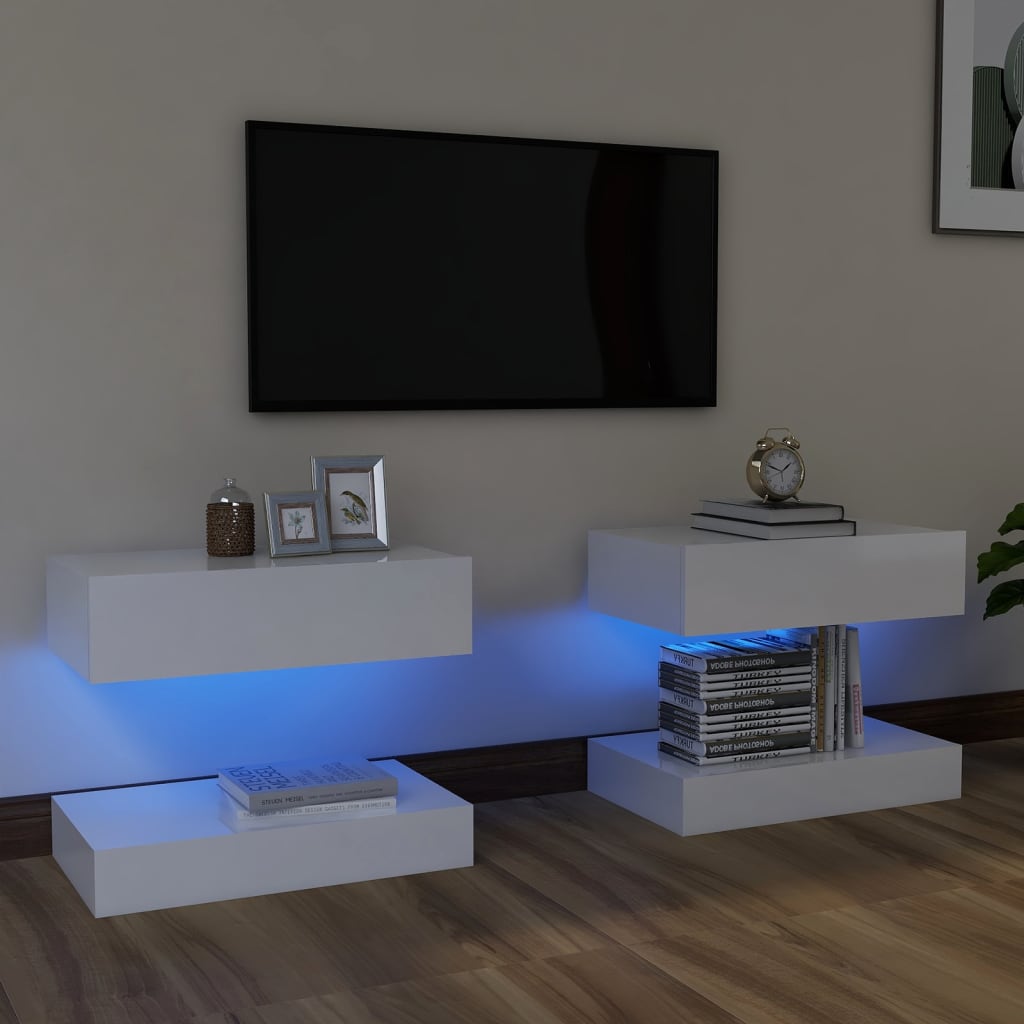 TV-tasot LED-valoilla 2 kpl korkeakiilto valkoinen 60x35 cm - Sisustajankoti.fi