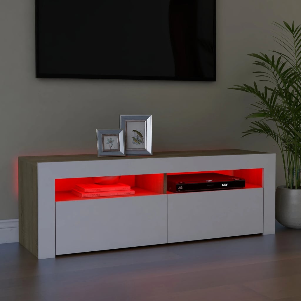 TV-taso LED-valoilla valkoinen ja Sonoma-tammi 120x35x40 cm - Sisustajankoti.fi