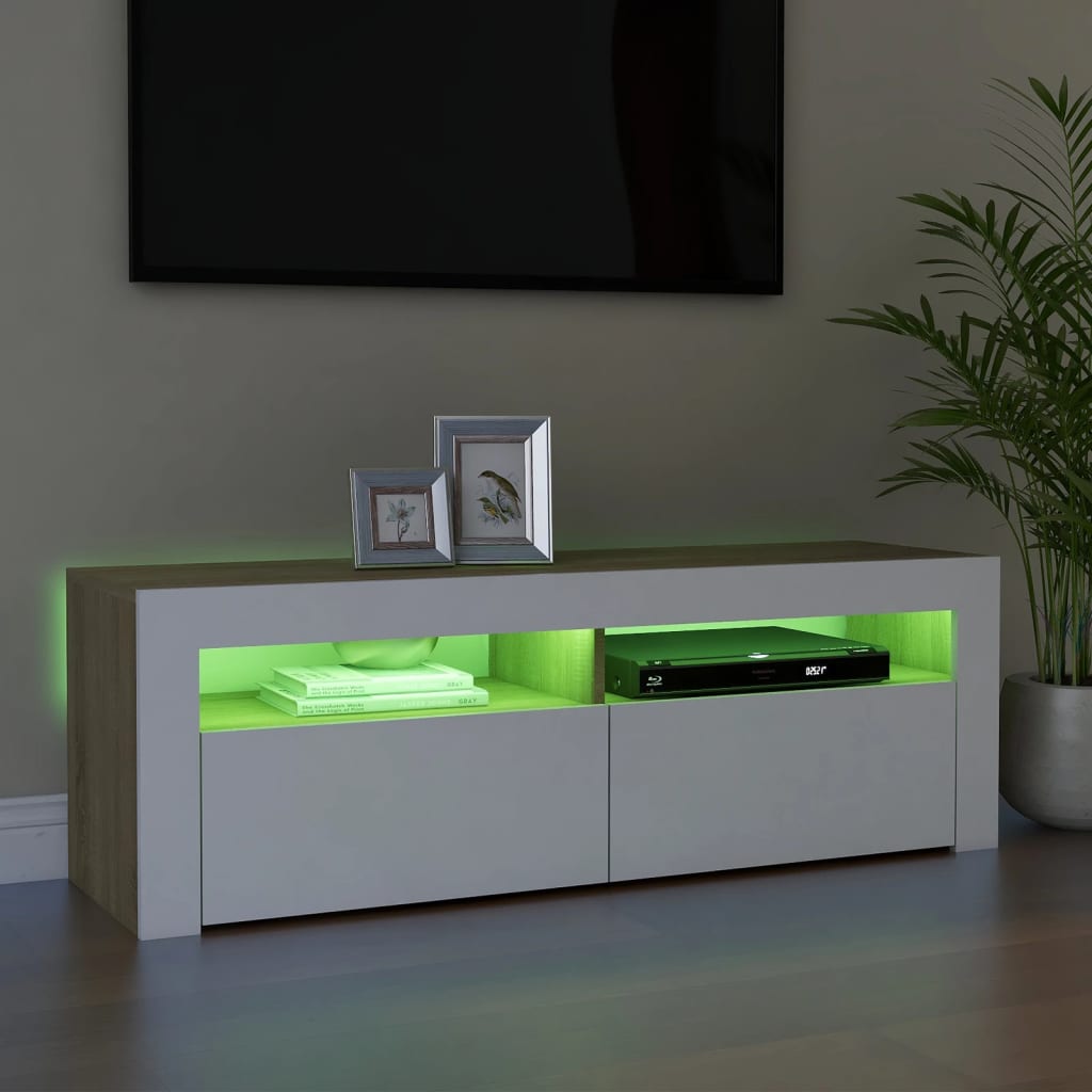 TV-taso LED-valoilla valkoinen ja Sonoma-tammi 120x35x40 cm - Sisustajankoti.fi
