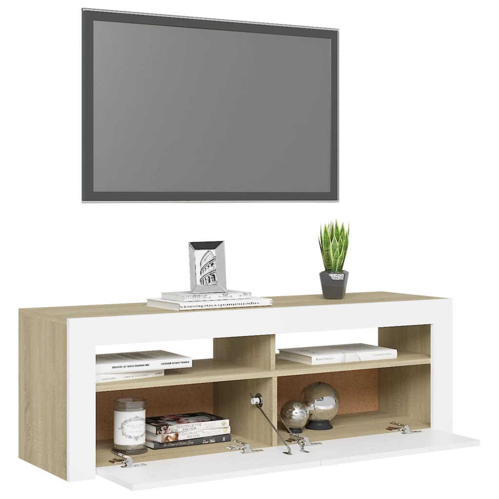 TV-taso LED-valoilla valkoinen ja Sonoma-tammi 120x35x40 cm - Sisustajankoti.fi