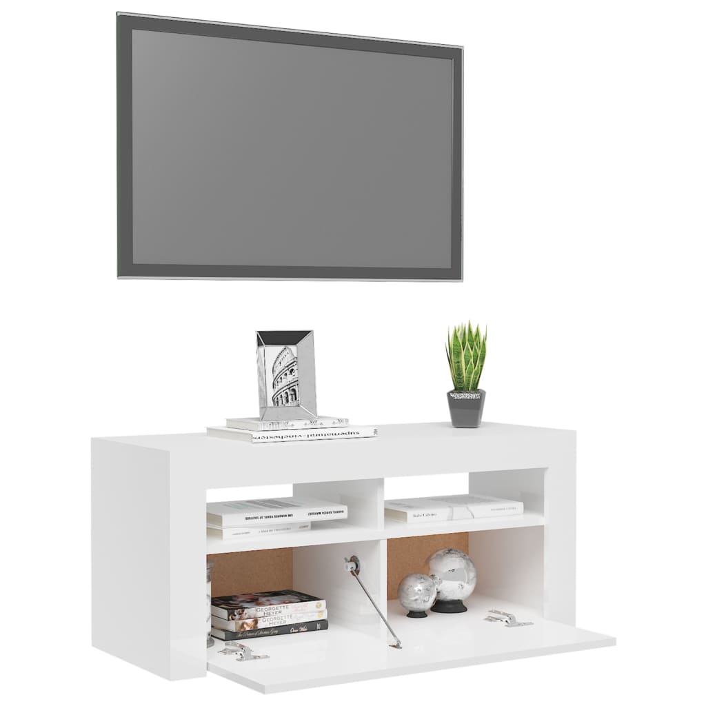 TV-taso LED-valoilla korkeakiilto valkoinen 90x35x40 cm - Sisustajankoti.fi
